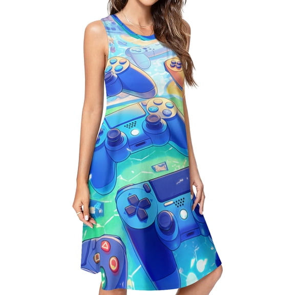Gamepad Controller Colorful Spring Summer Dresses for Women Fashion T-shirt Dress Casual Sleeveless Loose Sundress with Pockets