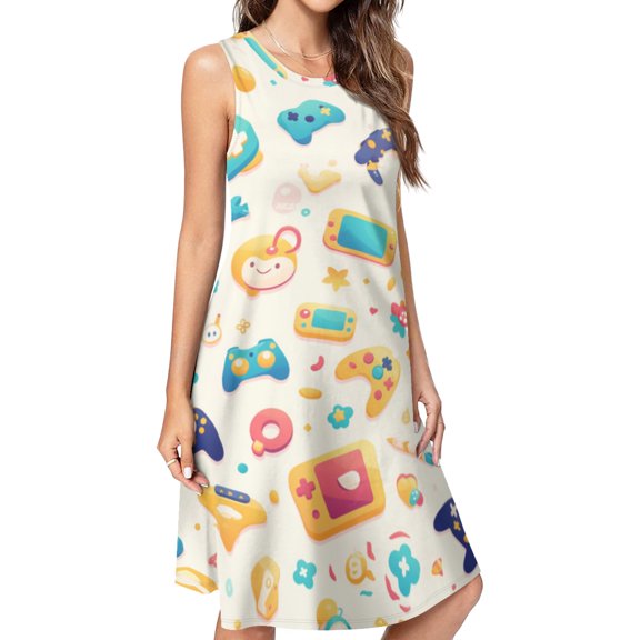 Gamepad Controller Colorful Spring Summer Dresses for Women Fashion T-shirt Dress Casual Sleeveless Loose Sundress with Pockets