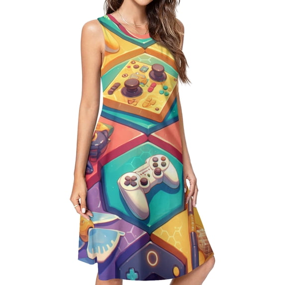 Gamepad Controller Colorful Spring Summer Dresses for Women Fashion T-shirt Dress Casual Sleeveless Loose Sundress with Pockets