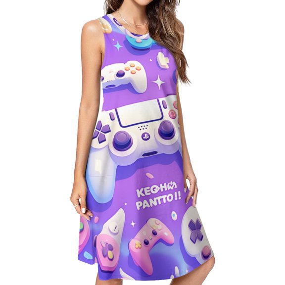 Gamepad Controller Colorful Spring Summer Dresses for Women Fashion T-shirt Dress Casual Sleeveless Loose Sundress with Pockets