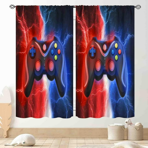 Gamepad Curtains, Red and Blue Flash Lightning Game Room Window Curtains Treatments for Kids Boys Teens Bedroom Living Room Playroom, Cool Game Controller Gamer Video Game Drapes, 84"x63" Inch