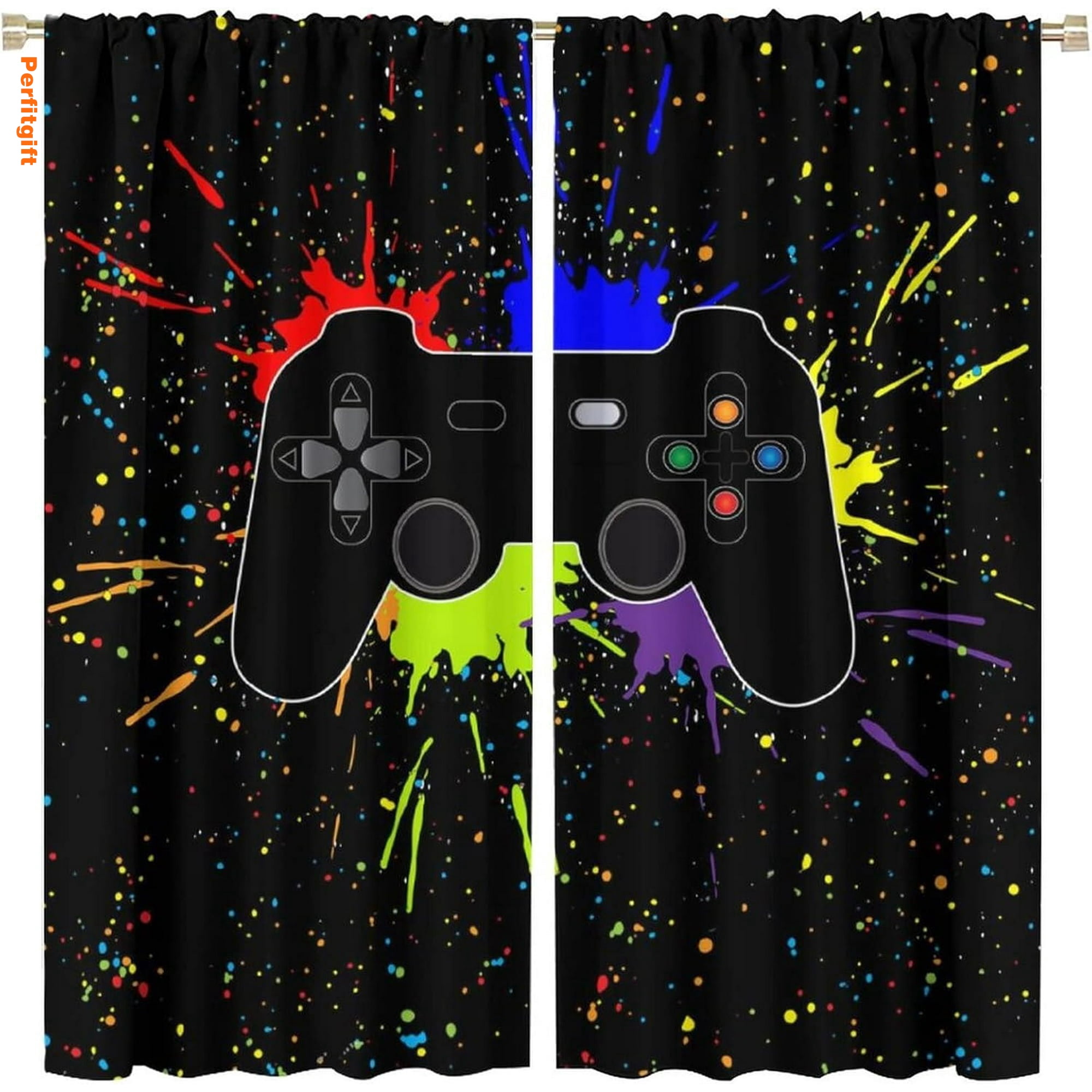 Gamepad Curtains for Boys Girls Teens Colorful Game Controller Thermal Insulated Room Curtains for Living Room, 84x84 Inch Blackout