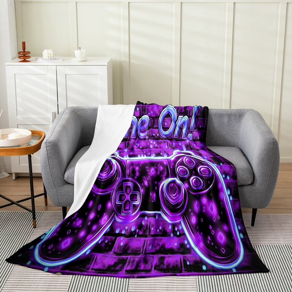 Gamepad Flannel Blanket Adults,Dreamy Purple Gaming Flannel Fleece Blanket Twin 60"x80", Men Home Video Game Bed Sofa Couch Blankets,Gamer Neon Purple Print Fuzzy Blanket