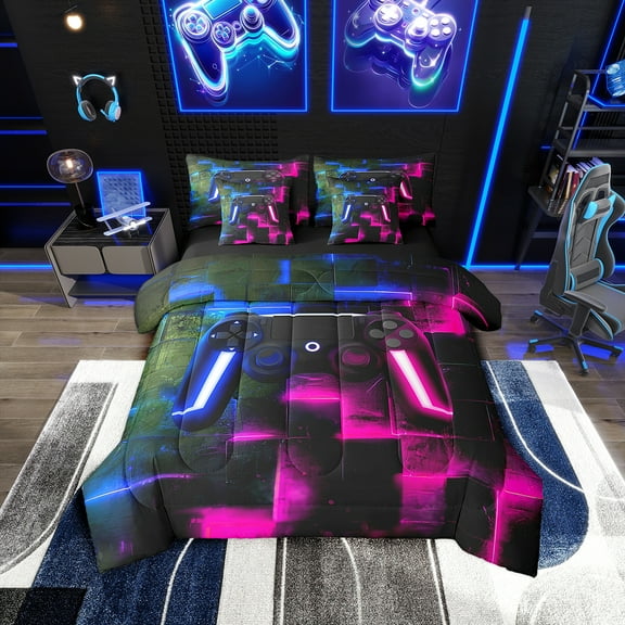 Gamepad Print Bedding Comforter Sets 7pcs Gradient Grid Bed in a Bag, Black Navy Blue Hot Pink Full Bedding Sets Gamer Gaming Comforter Set, Abstract Square Bedding Sets