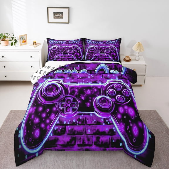 Gamepad Twin Size Comforter Sets,Dreamy Purple Gaming Bedding Sets Youth Men Teens Bedroom Decor, Men Home Video Game 2 Pieces Quilt Set,Gamer Neon Purple Print Duvet Insert