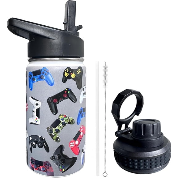 Gamepad Weapon Gaming Kids Water Bottle for School with Straw Lid,12oz Stainless Steel Insulated Water Bottle for Boys & Girls,Leak Proof Lid with Handle & Touch Free Spout (A07)
