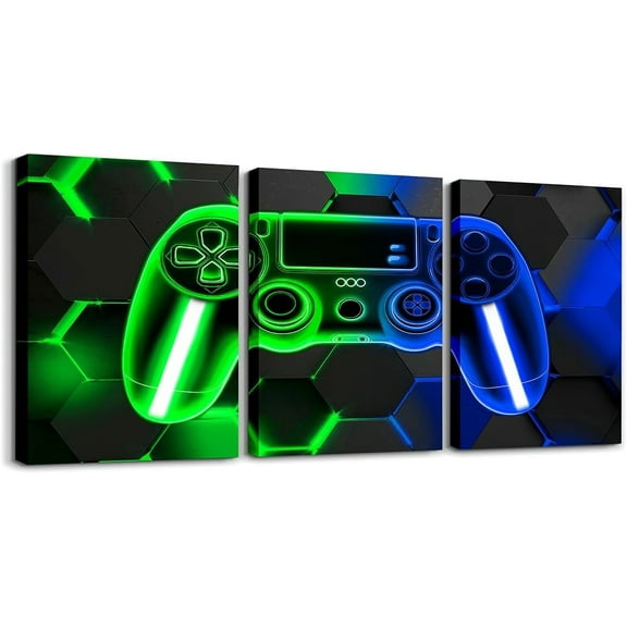 Gamer 3 Canvas Wall Art for Living Room Bedroom, Gaming Office Decorations Artwork Posters for Kids Boys Girls Teens Decor Teal and Black Game Console Painting Gamepad Honeycomb