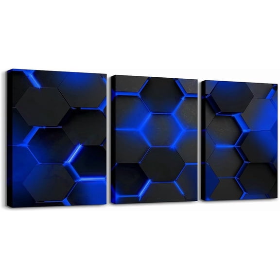 Gamer 3 Canvas Wall Art for Living Room Bedroom, Gaming Office Decorations Artwork Posters for Kids Boys Girls Teens Decor Teal and Black Game Console Painting Gamepad Honeycomb