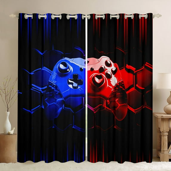 Gamer 30%-50% Blackout Curtains,Gaming Curtains Cool Video Game Black Bedroom Curtains Blue Red Geometric Honeycomb Window Curtains for All Season Gamepad Curtains,52"Wx63"L