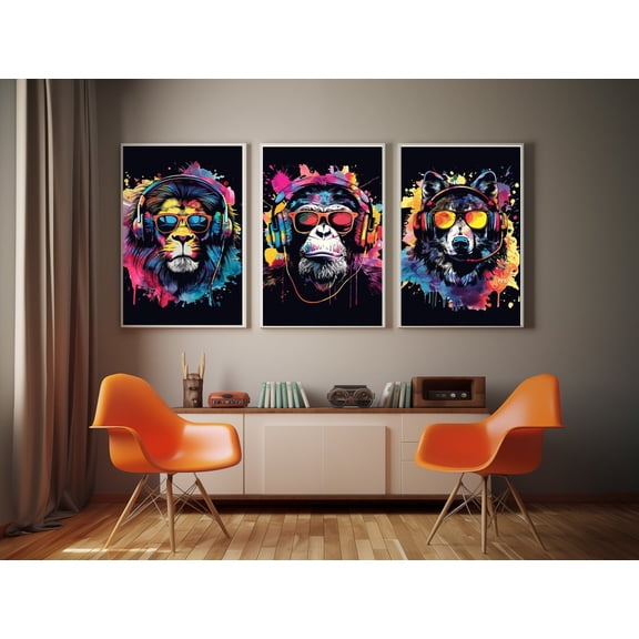 Gamer Animal Wall Art Lion Wolf Chimp Headphones Urban Pop Prints Set 3 Stretched Canvas 12x18
