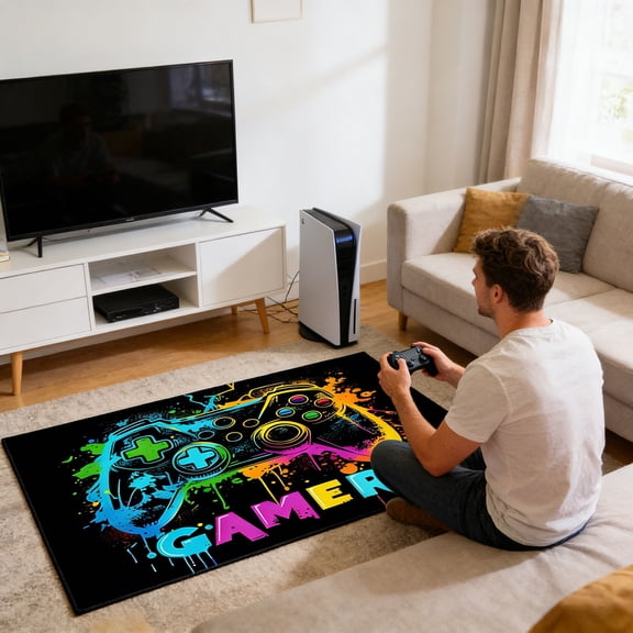Gamer Area Rug Neon Game Controller Print Soft Non- Floor Mat for Gaming Room Bedroom Living Room 31.5x19.7 Inch