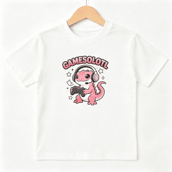 Gamer Axolotl Pink Headset Boys Graphic Tee, Cute Video Game 100% Cotton Kids Short Sleeve T-Shirt 4-13Y