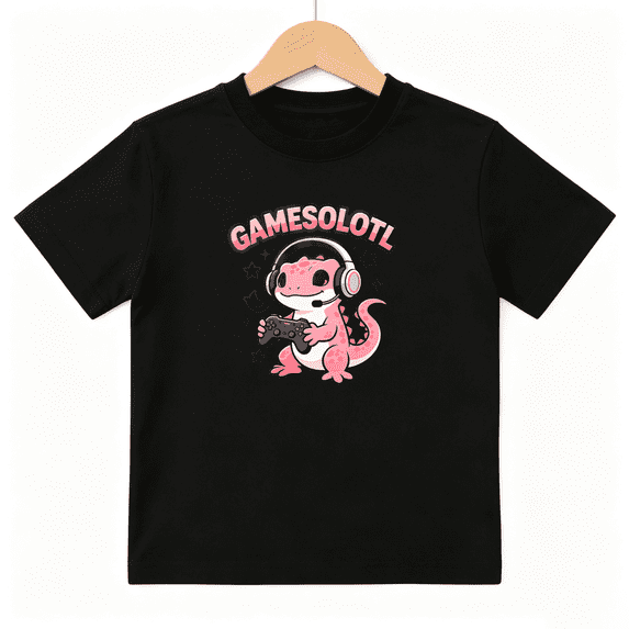 Gamer Axolotl Pink Headset Boys Graphic Tee, Cute Video Game 100% Cotton Kids Short Sleeve T-Shirt 4-13Y