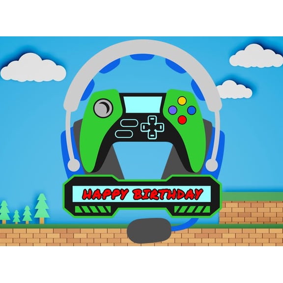 Gamer Background with Headphones & Gamer Controller Happy Birthday Edible Image Cake Topper for Quarter Sheet Cake, by Tnct. (1 Count)