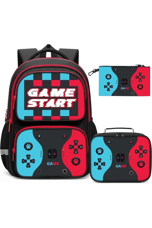 Gamer Backpack for Boys - 17 Inch Large Capacity Complete 3pcs Set with Insulated Lunch Box and Zipper Pencil Case, Ideal for Elementary Middle School Teen Boys