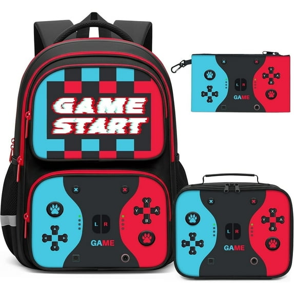 Gamer Backpack for Boys - 17 Inch Large Capacity Complete 3pcs Set with Insulated Lunch Box and Zipper Pencil Case, Ideal for Elementary Middle School Teen Boys