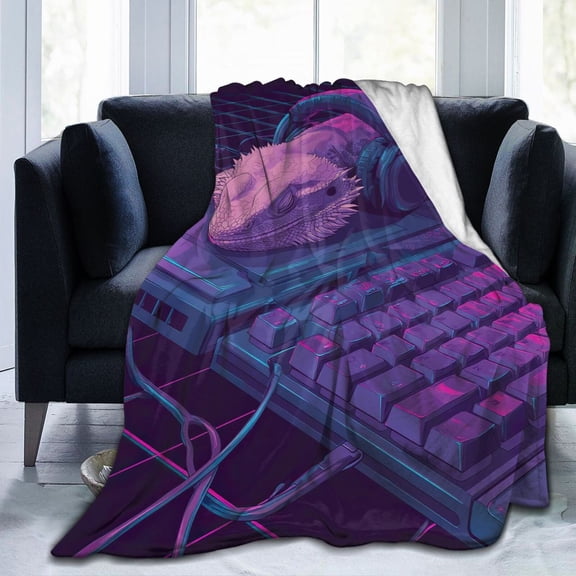 Gamer Bearded Dragon Blanket – Neon Keyboard & Headset Fleece Throw, Soft Flannel, Gaming Room Decor Gift 50x40