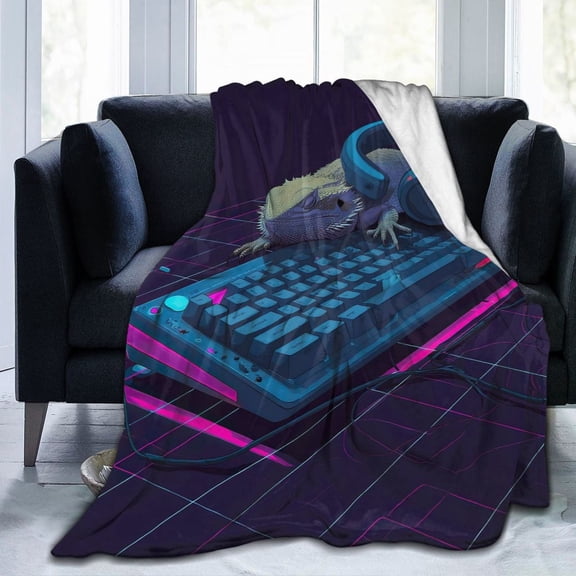 Gamer Bearded Dragon Blanket – Neon Keyboard & Headset Fleece Throw, Soft Flannel, Gaming Room Decor Gift 50x40