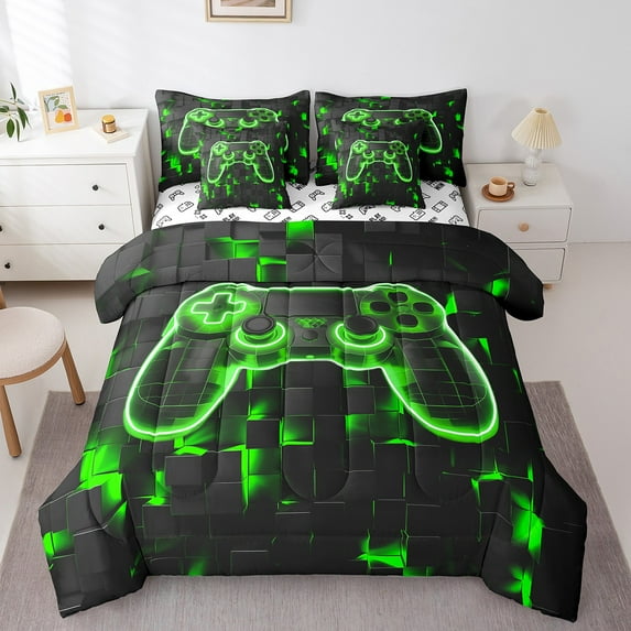 Gamer Bed in a Bag 7 Piece for Boys Kids Gaming Bedding Comforter Sheet Set Twin, Green Geometry Honeycomb Print Bed Set Modern Abstract Plaid Cushiom Covers Gamepad Controller Fitted Sheet