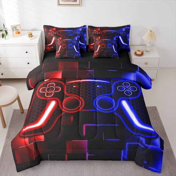 Gamer Bed In A Bag With Sheets Comforter Set 7 Piece Game Console Bedding Set Teen 3D Red And Blue Gamepad Gaming Bed Set With Neon Check(Red Blue,Full)