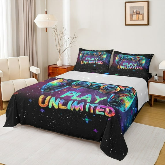 Gamer Bed Sheets Set for Boys Teens Gaming Sheet Set Twin Size, Video Game Controller Fitted Sheet for Girls Kids Game Room Decor Flat Sheet Space Universe Gaming Bedding Set