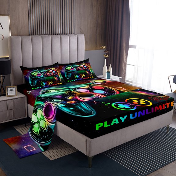 Gamer Bed&nbsp;Sheets&nbsp;Set Gaming Sheet&nbsp;Set Gamer Gifts,Game Consoles Sheets Rainbow Galaxy Twin Flat&nbsp;Sheet,Gaming Decor Bedroom Decor