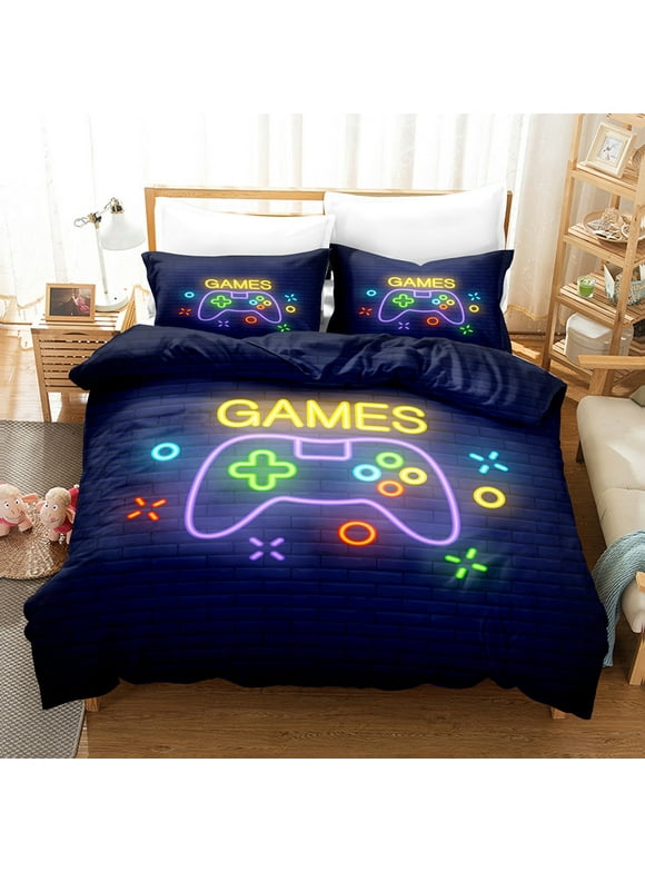 Gamer Bedding 3-Piece Video Games Gamepad Microfiber Comforter Set for Boys Kids Teens Full/Queen Size (Oversized Twin)（One quilt cover, 2 pillowcases）(No Comforter)