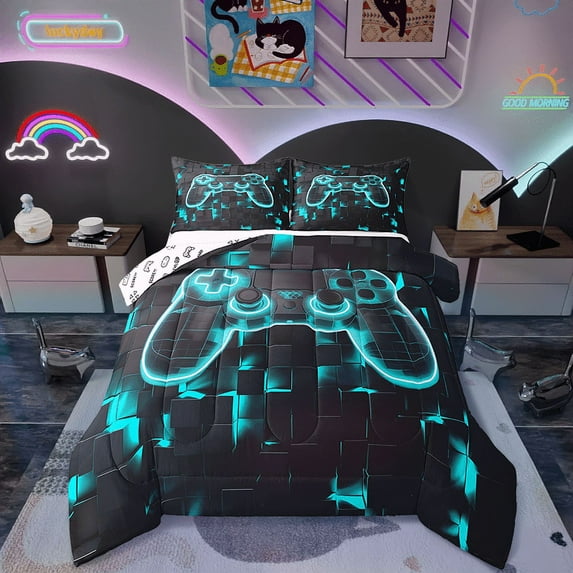 Gamer Bedding Full Gaming Room Decor Comforter Sets, Geometry Honeycomb Print Bedding Comforter Sets Modern Abstract Plaid Duvet Insert 3 Pcs, Gamepad Controller Decor Quilt Reversible Teal