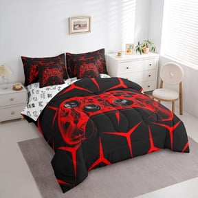 Gamer Bedding Set Gamepad Comforter Set with Sheets 7 Piece for Boys Gaming Gifts Bed in a Bag Full Game Controller Red Bed Set