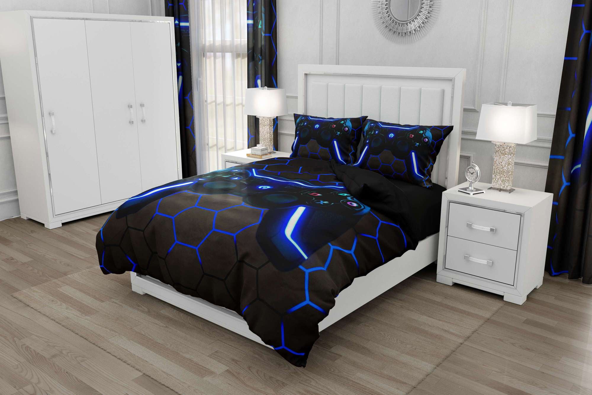 Gamer Bedding Set Queen Size Boys Playroom Decoration Duvet Cover Set Gamepad Duvet Cover Soft Microfiber Blue Button with Controller 1 Quilt Cover + 2 Pillowcases