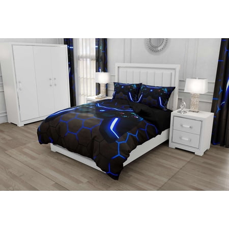 Gamer Bedding Set Queen Size Boys Playroom Decoration Duvet Cover Set Gamepad Duvet Cover Soft Microfiber Blue Button with Controller 1 Quilt Cover + 2 Pillowcases