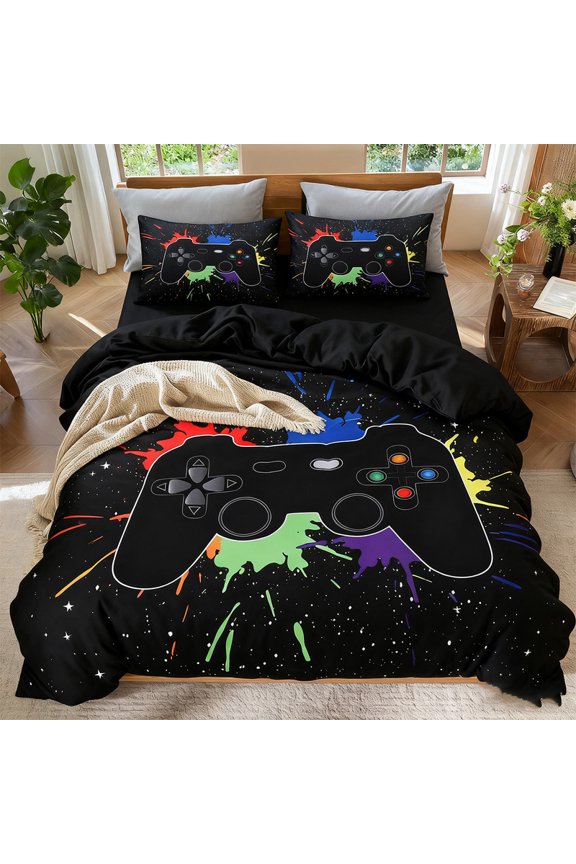Gamer Bedding Set for Boys, Gamepad Print 3PCS Duvet Cover with Pillowcases, Twin Size, Cool Video Game Theme Bed Set, Best Gift for Kids & Teens