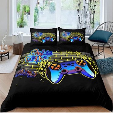 Gamer Room Decor Gamer Comforter Set Full Size | Blue Video Game Console Pattern | Reversible Geometric Honeycomb Bedding For Teens & Adults Gamepad Pattern Bedding