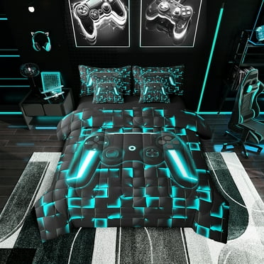 Gamer Bedding Twin 7-Piece, Glowing Plaid Print, Blue Checkered, Black Reversible