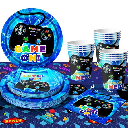 Game Birthday Decorations Blue, Gaming Party Tableware Set - Game Themed Party Plate Cups Napkins Tablecloth etc Video Game Birthday Party Supplies for Boys/Girls Kids, Serves 16