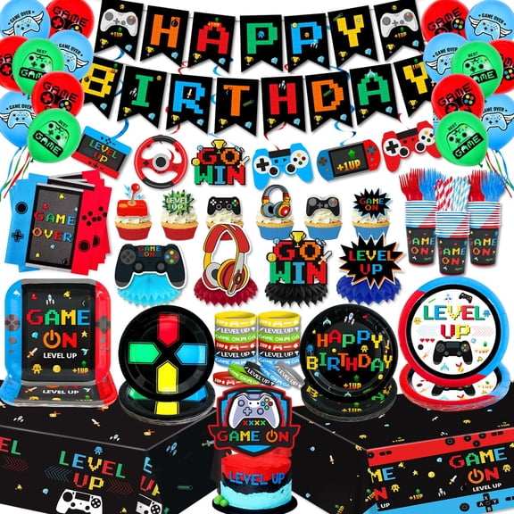 Gamer Birthday Party Decorations Video Game Plates and Cups GO WIN Honeycomb Centerpieces Hanging Swirls Balloons Cake Toppers LEVEL UP Bracelets Tablecloth Gaming Birthday Party Supplies Y114