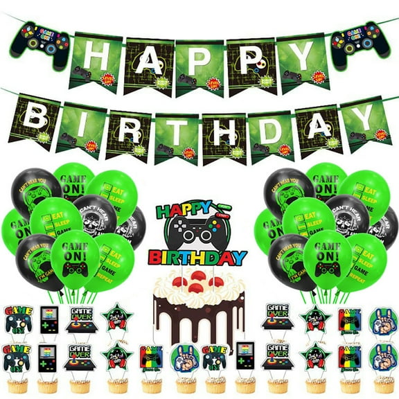 Gamer Birthday Party Supplies Video Game Birthday Decorations Set for Boys - Game Theme Banner, Balloons, Cake Plugin Inserts Adults Kids Game Party Decor