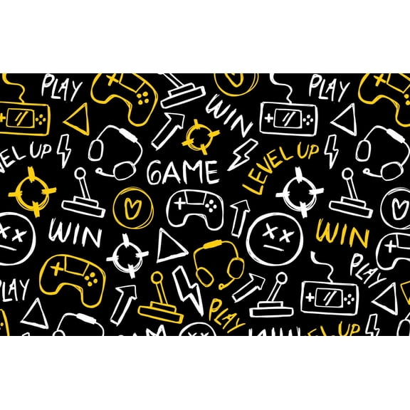 Gamer Black, White & Yellow Smiley Face, Joystick Level Up, Win, Play Pattern Edible Image Cake Border Strips, by Tnct. (1 Count)