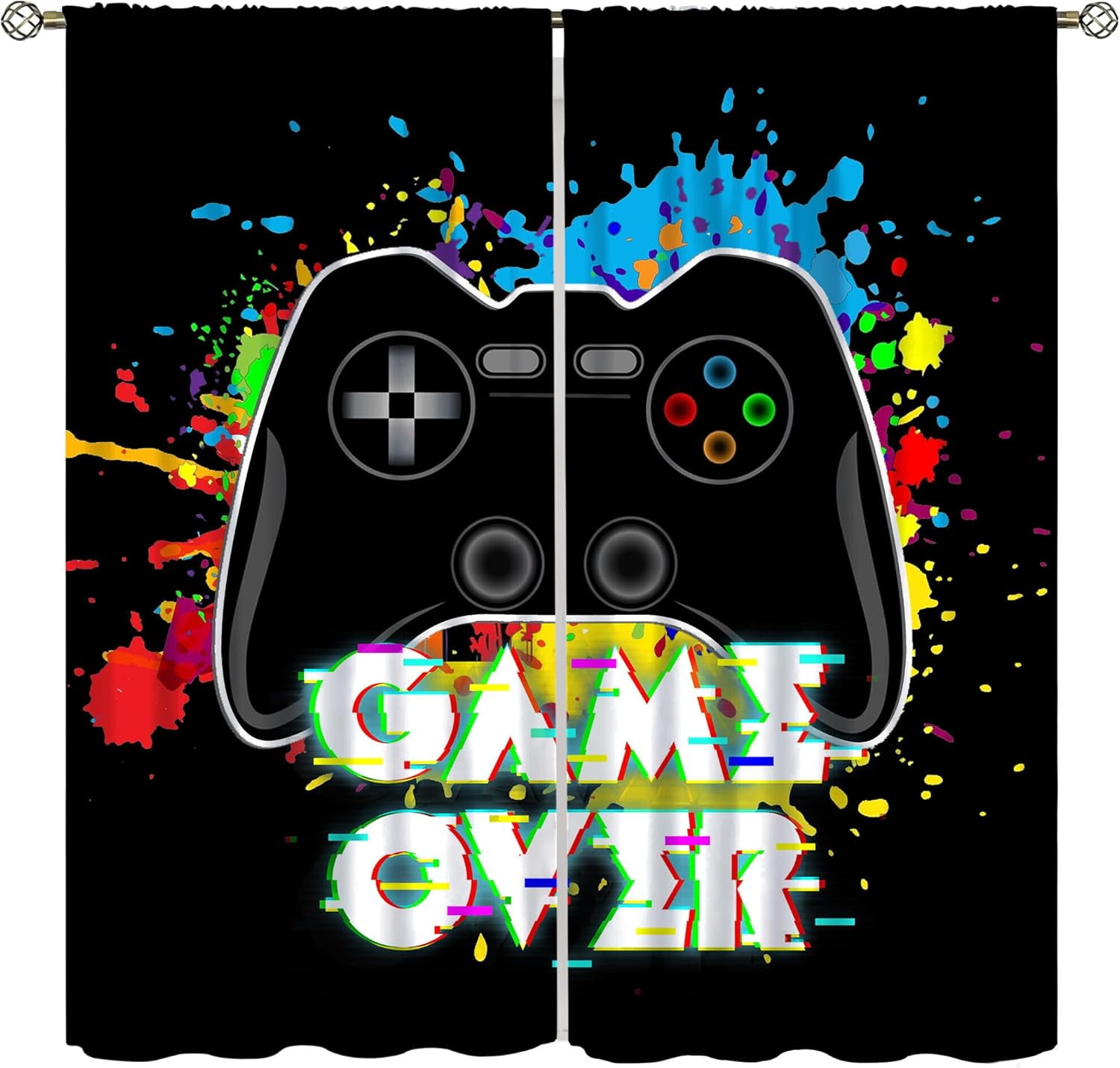 Gamer Blackout Curtains, Fun Colorful Graffiti Art Gamepad Neon Controller Print Rod Pocket Window Treatments Drapes for Boys Girls Teens Bedroom Living Room Playroom Decor 72x63in