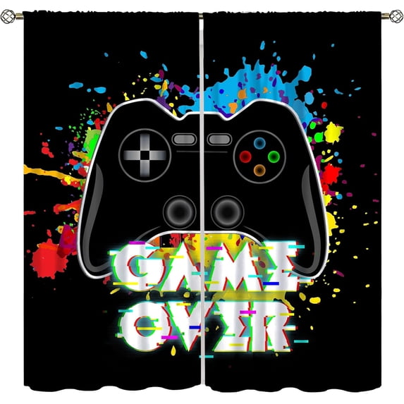Gamer Blackout Curtains, Fun Colorful Graffiti Art Gamepad Neon Controller Print Rod Pocket Window Treatments Drapes for Boys Girls Teens Bedroom Living Room Playroom Decor 42x54in