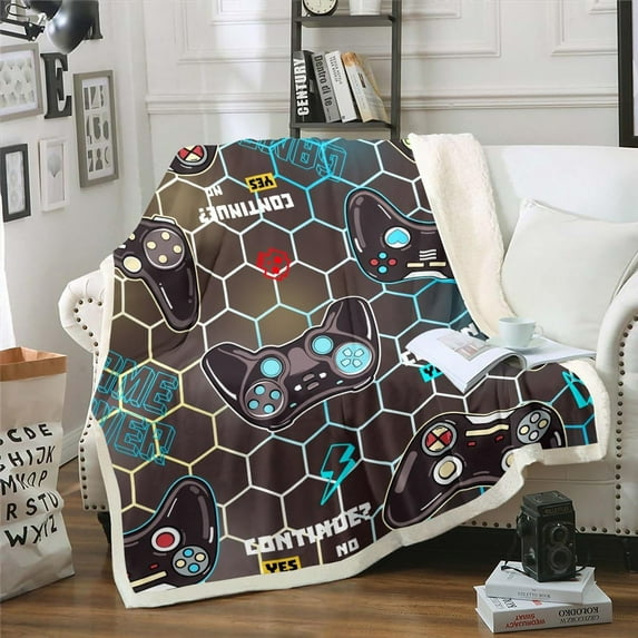 Gamer Blanket for Boys Girls Gaming Throw Blanket for Bed, Neon Honeycomb Fleece Blanket Video Game Sherpa Blanket, Geometric Hexagon Fuzzy Blanket Kids Teens Room Decor, Black Fluffy Cozy