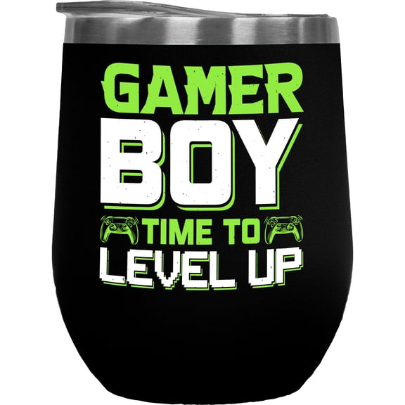Gamer Boy, Time to Level Up - Video Gaming Enthusiast with Game Controller, Black 12oz Wine Tumbler