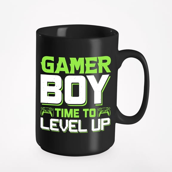 Gamer Boy, Time to Level Up - Video Gaming Enthusiast with Game Controller, Black 15oz Ceramic Mug