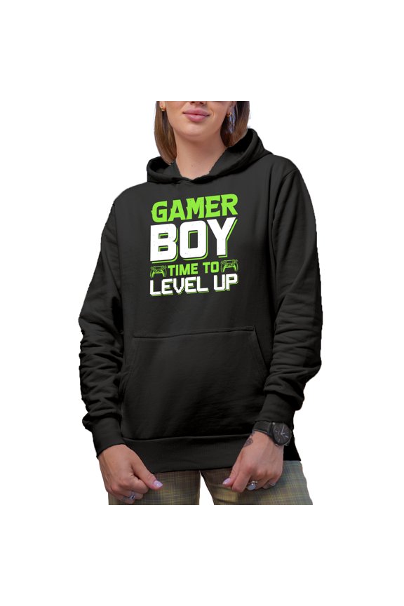 Gamer Boy, Time to Level Up - Video Gaming Enthusiast with Game Controller, Black Hooded Sweatshirt or Hoodie, Medium