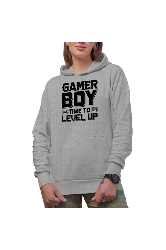 Gamer Boy, Time to Level Up, Video Gaming Enthusiast with Game Controller, Heather Grey Hooded Sweatshirt or Hoodie, Small