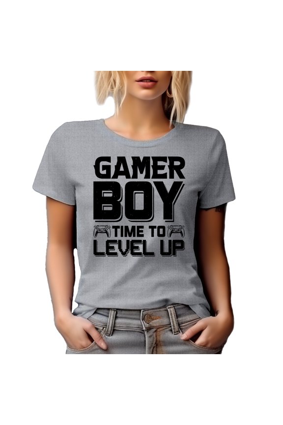 Gamer Boy, Time to Level Up, Video Gaming Enthusiast with Game Controller, Heather Grey T-Shirt, Large