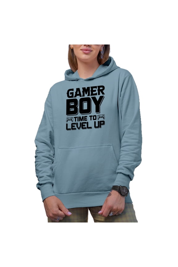 Gamer Boy, Time to Level Up, Video Gaming Enthusiast with Game Controller, Light Blue Hooded Sweatshirt or Hoodie, Medium