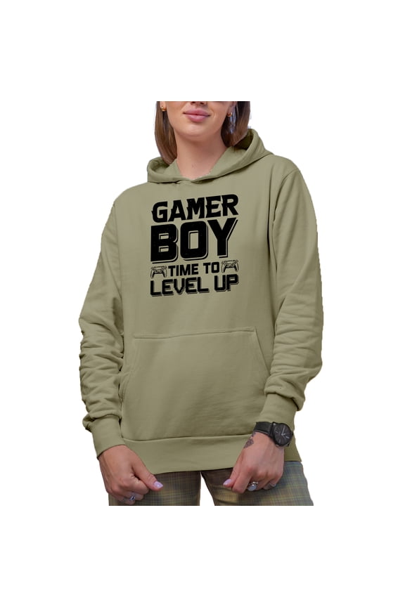 Gamer Boy, Time to Level Up, Video Gaming Enthusiast with Game Controller, Sand Hooded Sweatshirt or Hoodie, Medium