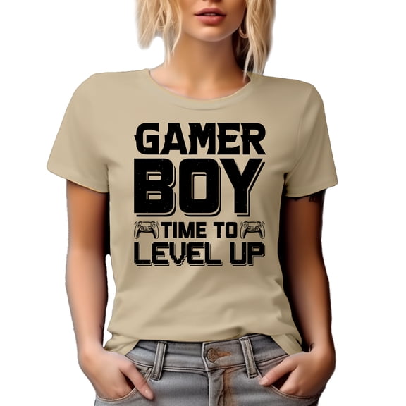 Gamer Boy, Time to Level Up, Video Gaming Enthusiast with Game Controller, Tan T-Shirt, Small