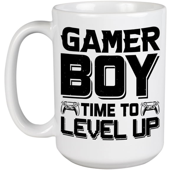 Gamer Boy, Time to Level Up, Video Gaming Enthusiast with Game Controller, White 15oz Ceramic Mug